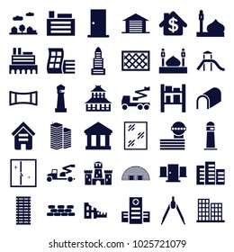 Architecture icons. set of 36 editable filled architecture icons such as building, modern curved building, castle, mosque, lighthouse, door, business center, airport tower
