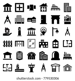 Architecture icons. set of 36 editable filled architecture icons such as sliding doors, compass, door, airport tower, arc de triomphe, window, spa building, school, fence