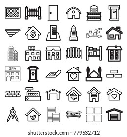 Architecture icons. set of 36 editable outline architecture icons such as fence, compass, plan, building, barn, door with heart, garage, brick wall, door, business center