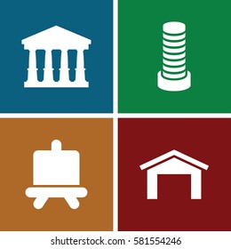 Architecture icons set. Set of 4 Architecture filled icons such as garage, court, business center building