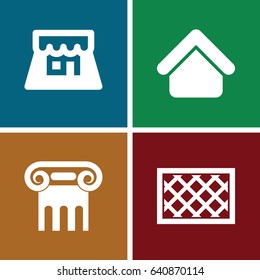 Architecture icons set. set of 4 architecture filled icons such as house building, greek column, fence