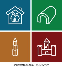 Architecture icons set. set of 4 architecture outline icons such as tunnel, builidng, castle