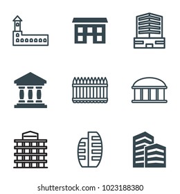 Architecture icons. set of 9 editable filled and outline architecture icons such as castle, observatory, business center, builidng, fence, house, building