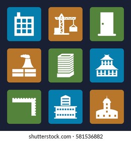 Architecture icons set. Set of 9 Architecture filled icons such as construction crane, business center building, ruler, door, castle, building, factory