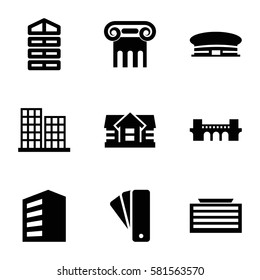 Architecture icons set. Set of 9 Architecture filled icons such as shutter blinds, building, business center building, tag, Greek column, house, airport, business center