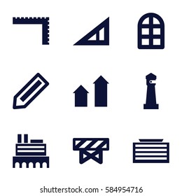 Architecture icons set. Set of 9 Architecture filled icons such as window, pencil, barrier, castle, lighthouse, arrow up, business center building, triangle ruler