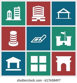 Architecture icons set. set of 9 architecture filled icons such as home, plan, Arc de Triomphe, business center, building, castle