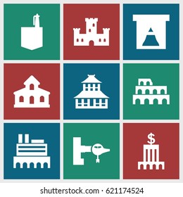Architecture icons set. set of 9 architecture filled icons such as jetway, building, castle, Coliseum, temple, office room, bank