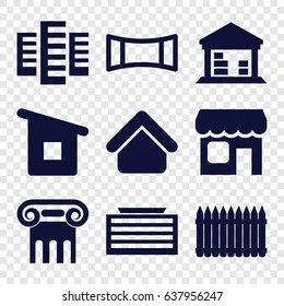 Architecture icons set. set of 9 architecture filled icons such as house building, building, business center building, greek column, cargo barn, panorama mode, shop