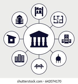 Architecture icons set. set of 9 architecture filled icons such as mosque, court, building, hospital, cargo barn, bridge, house building