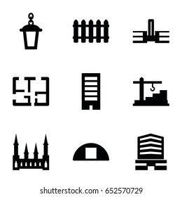 Architecture icons set. set of 9 architecture filled icons such as castle, building, business center, street lamp, cargo barn, fence, construction  crane, plan