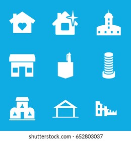 Architecture icons set. set of 9 architecture filled icons such as home, business center building, castle, clean house, office room, building, broken house, store
