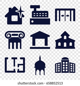 Architecture icons set. set of 9 architecture filled icons such as sliding doors, building, building   isolated  sign symbol, mosque, greek column, clean house