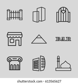 Architecture icons set. set of 9 architecture outline icons such as fence, mosque, pyramid, Greek column, Bar, business center, shop, building