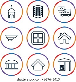 Architecture icons set. set of 9 architecture outline icons such as window, house building, mosque, observatory, gazebo, fence, hospital, home