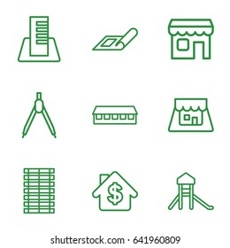 Architecture icons set. set of 9 architecture outline icons such as plan, barn, building, shop, jalousie, compass, bank