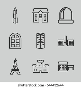 Architecture icons set. set of 9 architecture outline icons such as window, business centre, castle, eiffel tower, house, builidng, school