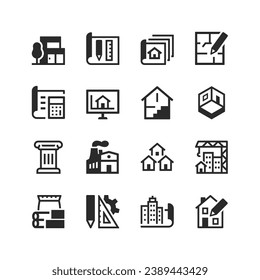 Architecture icons set. Architectural project, documentation. Drawing, plan. Project development of a house, a multi-storey building, an industrial building. Black and white style