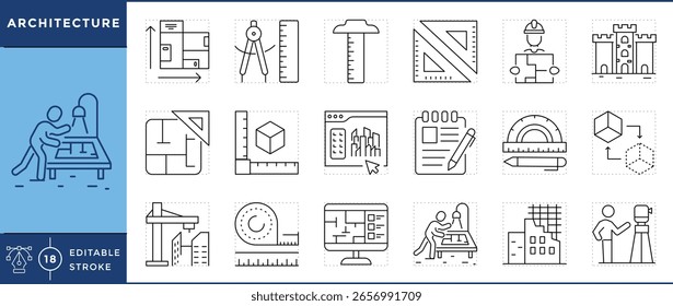 Conjunto de ícones de arquitetura. Planta, bússola de desenho, T-quadrado, régua, chapéu duro, planta de chão, software, guindaste, mesa de desenho e muito mais. Traçado editável de vetor.