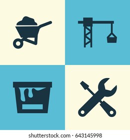 Architecture Icons Set. Collection Of Carry Cart, Lifting Hook, Service And Other Elements. Also Includes Symbols Such As Barrow, Tower, Wheelbarrow.
