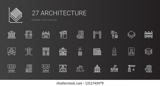 architecture icons set. Collection of architecture with castle, veranda, pyramid, window, bank, planning, egypt, building, sculpture. Editable and scalable architecture icons.