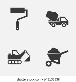 Architecture Icons Set. Collection Of Cement Vehicle, Paint Roller, Digger And Other Elements. Also Includes Symbols Such As Barrow, Mixer, Digger.