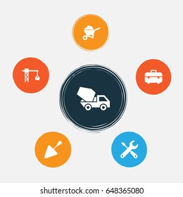 Architecture Icons Set. Collection Of Cement Vehicle, Lifting Hook, Spatula And Other Elements. Also Includes Symbols Such As Spatula, Repair, Wheelbarrow.