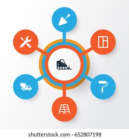 Architecture Icons Set. Collection Of Cement Vehicle, Paint Roller, Tractor And Other Elements. Also Includes Symbols Such As Cement, Glass, Spatula.
