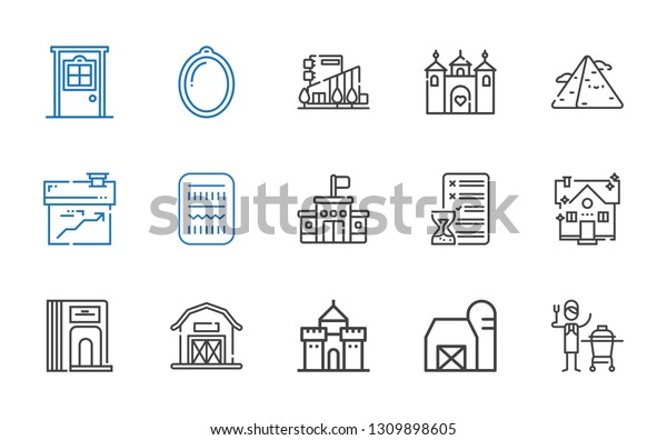architecture icons set.\
Collection of architecture with ceramic, barn, castle, divider,\
house, planning, school, egypt, pyramid, mall. Editable and\
scalable architecture\
icons.