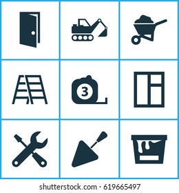 Architecture Icons Set. Collection Of Digger, Paint Bucket, Carry Cart And Other Elements. Also Includes Symbols Such As Rule, Stepladder, Climb.