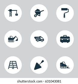 Architecture Icons Set. Collection Of Digger, Lifting Hook, Truck And Other Elements. Also Includes Symbols Such As Case, Crane, Tower.