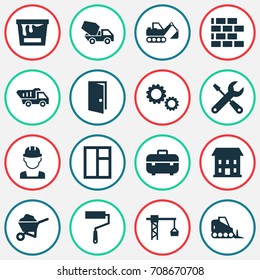 Architecture Icons Set. Collection Of Digger, Paint Roller, Lifting Hook And Other Elements. Also Includes Symbols Such As Cogwheel, Crane, Home.