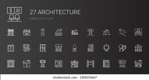architecture icons set. Collection of architecture with divider, entrance, store, blueprint, house, egypt, planning, school, door, window. Editable and scalable architecture icons.