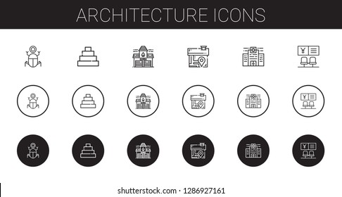 architecture icons set. Collection of architecture with egypt, pyramid, fire station, house, hospital, bank. Editable and scalable architecture icons.