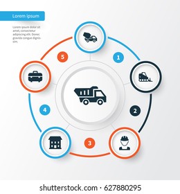 Architecture Icons Set. Collection Of Engineer, Truck, Tractor And Other Elements. Also Includes Symbols Such As Toolbox, Tractor, Case.