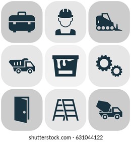 Architecture Icons Set. Collection Of Engineer, Tractor, Paint Bucket And Other Elements. Also Includes Symbols Such As Worker, Gear, Mechanism.