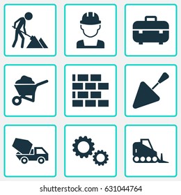 Architecture Icons Set. Collection Of Engineer, Cement Vehicle, Carry Cart And Other Elements. Also Includes Symbols Such As Construction, Vehicle, Wall.