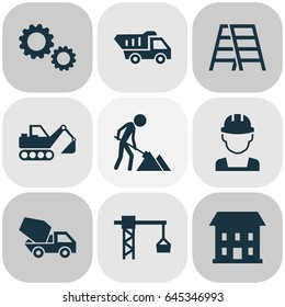 Architecture Icons Set. Collection Of Engineer, Maintenance, Digger And Other Elements. Also Includes Symbols Such As Crane, Cement, Gear.