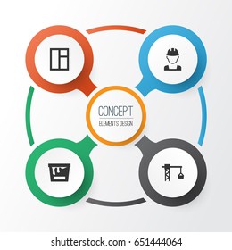 Architecture Icons Set. Collection Of Engineer, Paint Bucket, Glass Frame And Other Elements. Also Includes Symbols Such As Tower, Worker, Engineer.