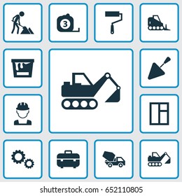 Architecture Icons Set. Collection Of Engineer, Cogwheel, Glass Frame And Other Elements. Also Includes Symbols Such As Roller, Trowel, Tape.