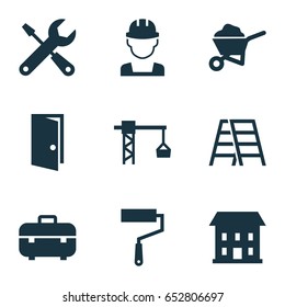 Architecture Icons Set. Collection Of Engineer, Home, Carry Cart And Other Elements. Also Includes Symbols Such As Worker, Stepladder, Stair.