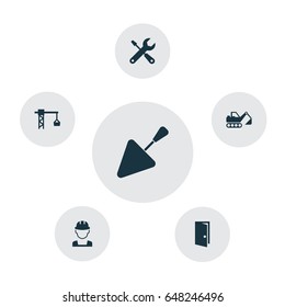 Architecture Icons Set. Collection Of Entrance, Engineer, Lifting Hook And Other Elements. Also Includes Symbols Such As Tower, Spatula, Excavator.