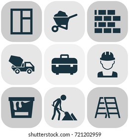 Architecture Icons Set. Collection Of Equipment, Engineer, Paint Bucket And Other Elements. Also Includes Symbols Such As Can, Vehicle, Cement.