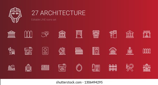 architecture icons set. Collection of architecture with fence, blueprint, window, house, greece, office building, colosseum, barn, divider. Editable and scalable architecture icons.