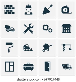 Architecture Icons Set. Collection Of Glass Frame, Cement Vehicle, Carry Cart And Other Elements. Also Includes Symbols Such As Worker, Wall, Crane.