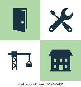 Architecture Icons Set. Collection Of Home, Entrance, Lifting Hook And Other Elements. Also Includes Symbols Such As Entrance, Hook, Tower.