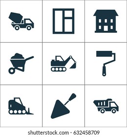 Architecture Icons Set. Collection Of Home, Tractor, Glass Frame And Other Elements. Also Includes Symbols Such As Building, Cement, House.