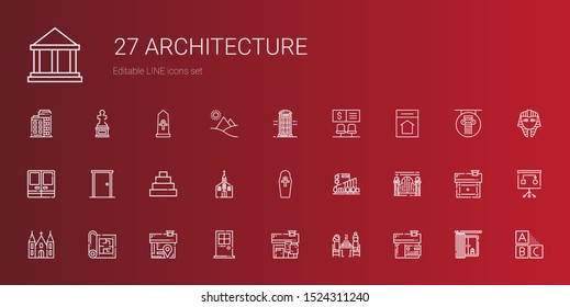 architecture icons set. Collection of architecture with house, pierrade, door, blueprint, church, gateway, mall, egypt, pyramid, doors. Editable and scalable architecture icons.