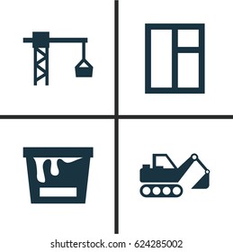 Architecture Icons Set. Collection Of Lifting Hook, Paint Bucket, Digger And Other Elements. Also Includes Symbols Such As Crane, Glass, Vehicle.