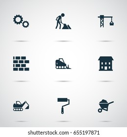Architecture Icons Set. Collection Of Lifting Hook, Wall, Home And Other Elements. Also Includes Symbols Such As Tractor, Wheelbarrow, Building.